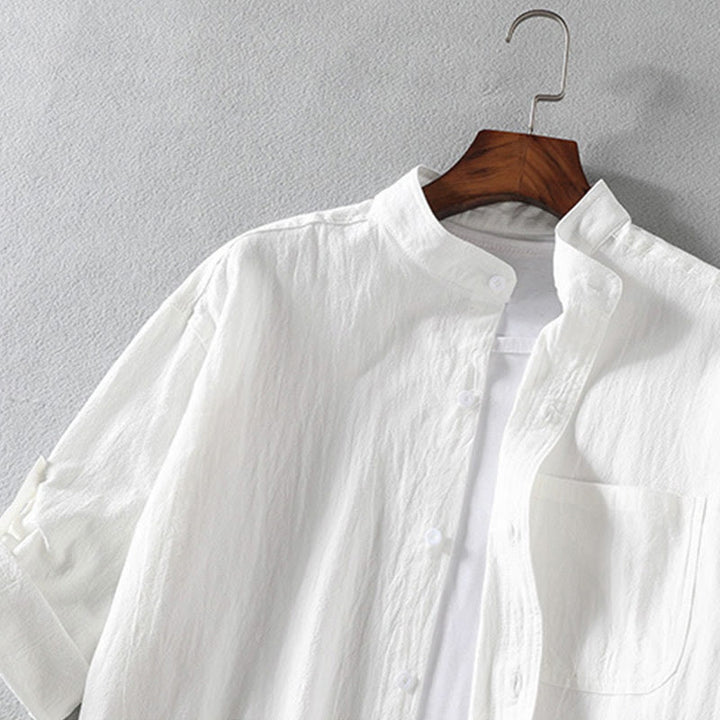 Buddha Stones Vintage Casual Plain Single Breasted Three Quarter Sleeve Men's Cotton Linen Shirt With Pocket