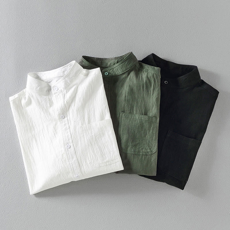 Buddha Stones Vintage Casual Plain Single Breasted Three Quarter Sleeve Men's Cotton Linen Shirt With Pocket