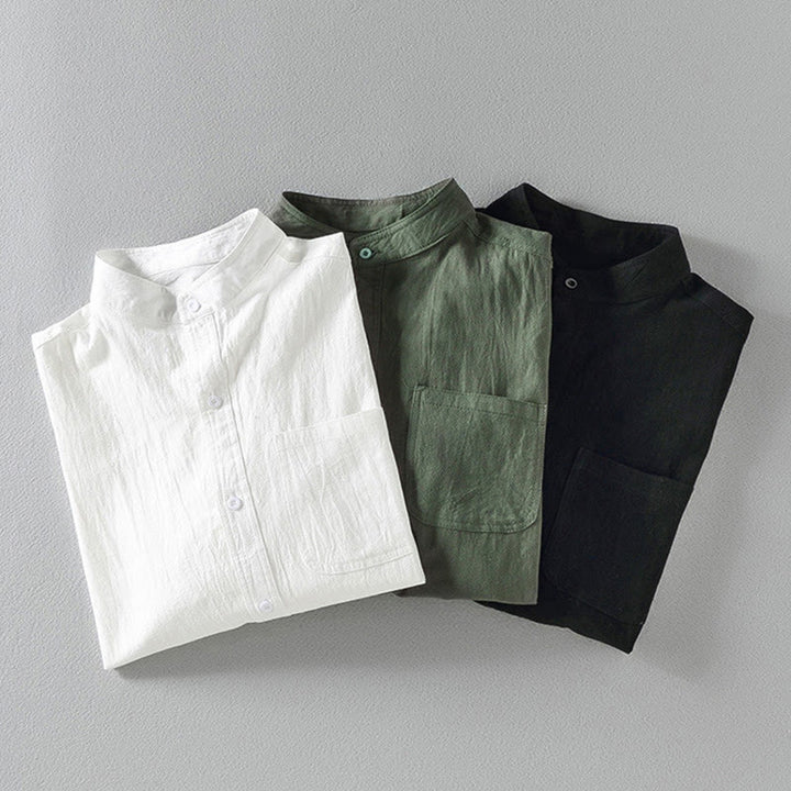 Buddha Stones Vintage Casual Plain Single Breasted Three Quarter Sleeve Men's Cotton Linen Shirt With Pocket