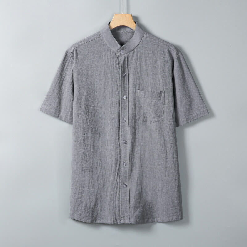 Buddha Stones Daily Printing Solid Color Single Breasted Men's Short Sleeve Cotton Linen Shirt WIth Pockets - DarkGray - US/UK/AU46，EU56 (5XL) - image 0