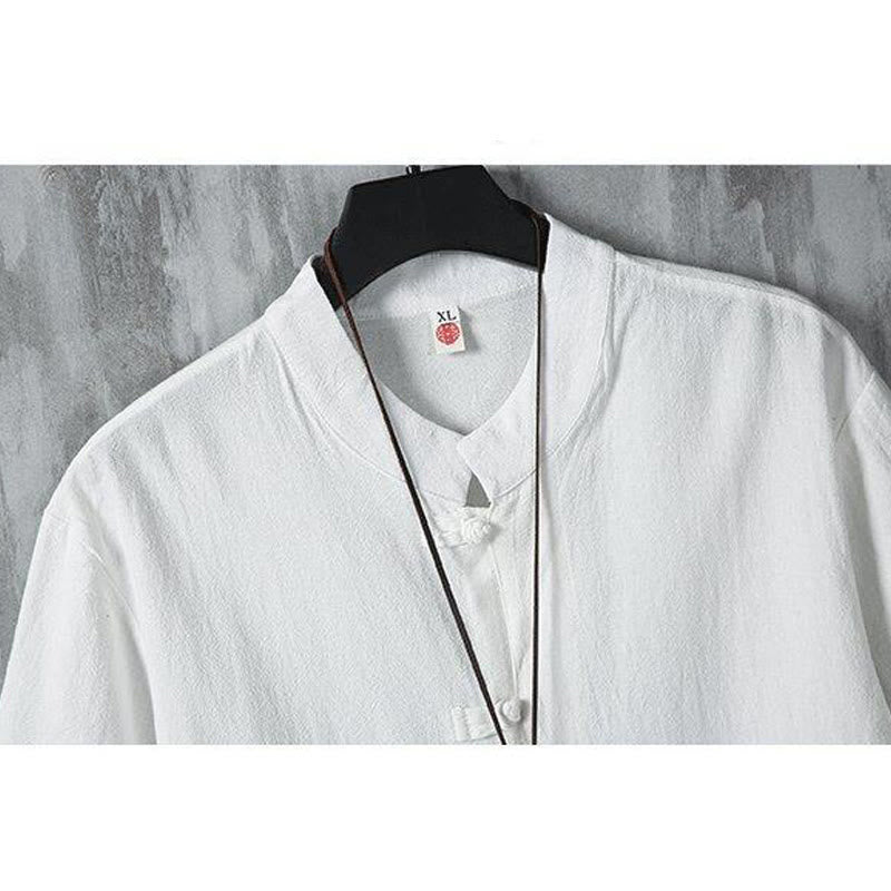 Buddha Stones Daily Casual Plain Chinese Frog-Button Men's Short Sleeve Cotton Linen Shirt - image 5