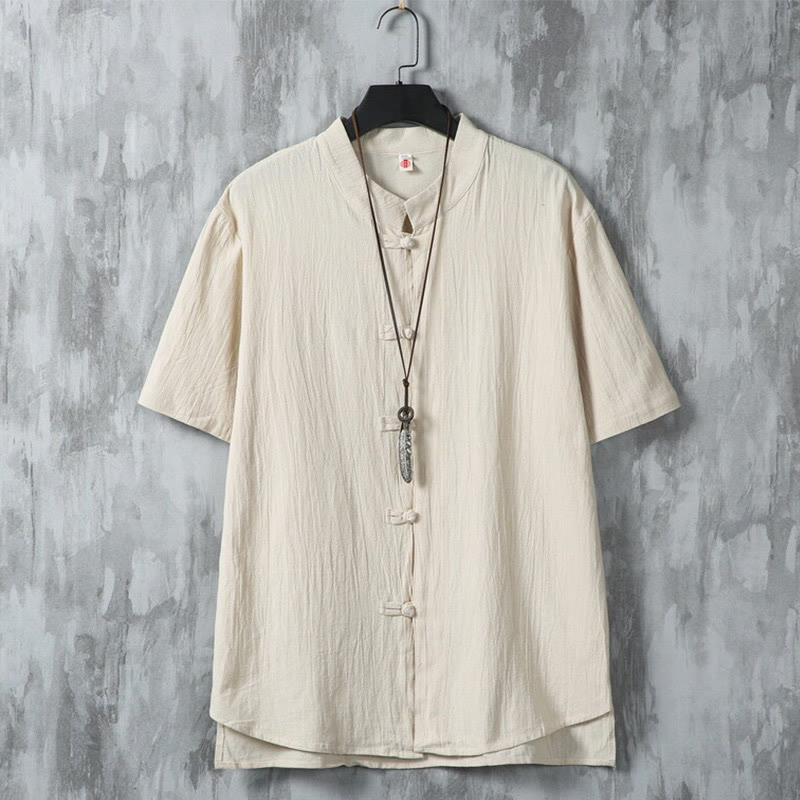 Buddha Stones Daily Casual Plain Chinese Frog-Button Men's Short Sleeve Cotton Linen Shirt - LightGoldenrodYellow - US/UK/AU46，EU56 (5XL) - image 0