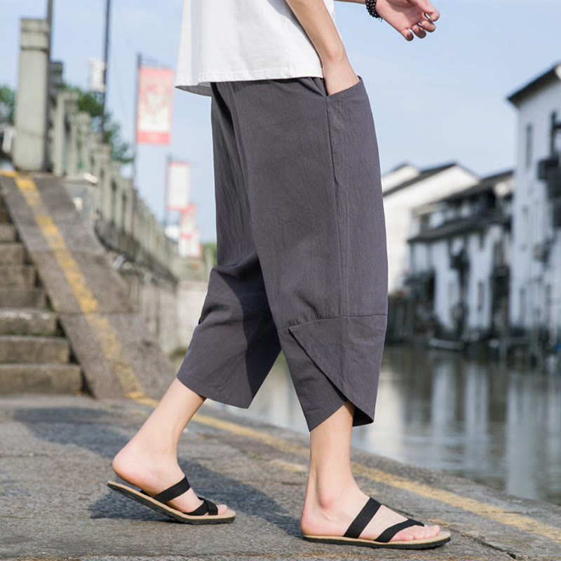 Buddha Stones Summer Casual Simple Plain Tapered Design Drawstring Men's  7-8 Length Cotton Linen Pants With Pockets - image 11