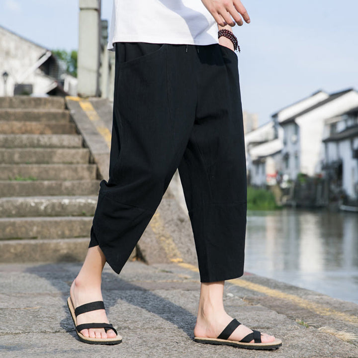 Buddha Stones Summer Casual Simple Plain Tapered Design Drawstring Men's  7-8 Length Cotton Linen Pants With Pockets - image 8