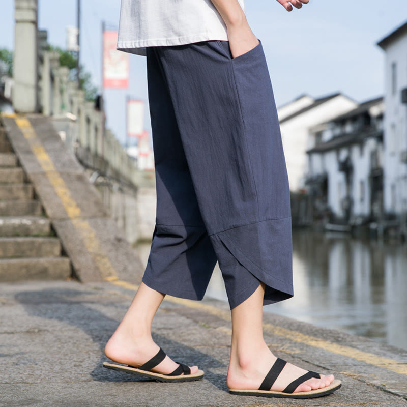 Buddha Stones Summer Casual Simple Plain Tapered Design Drawstring Men's  7-8 Length Cotton Linen Pants With Pockets - image 14