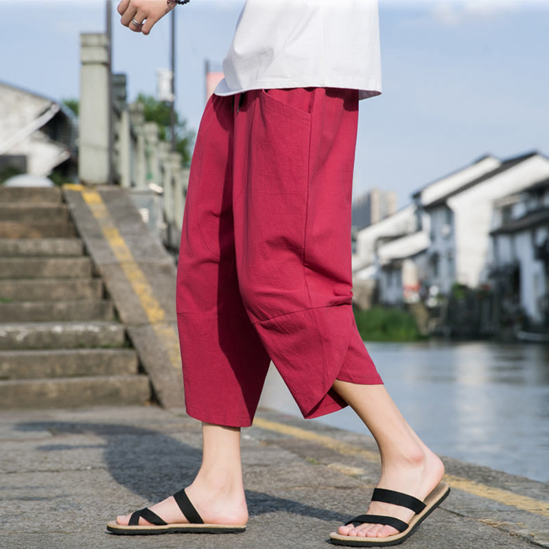 Buddha Stones Summer Casual Simple Plain Tapered Design Drawstring Men's  7-8 Length Cotton Linen Pants With Pockets - Crimson - US/UK/AU46，EU56 (5XL) - image 21