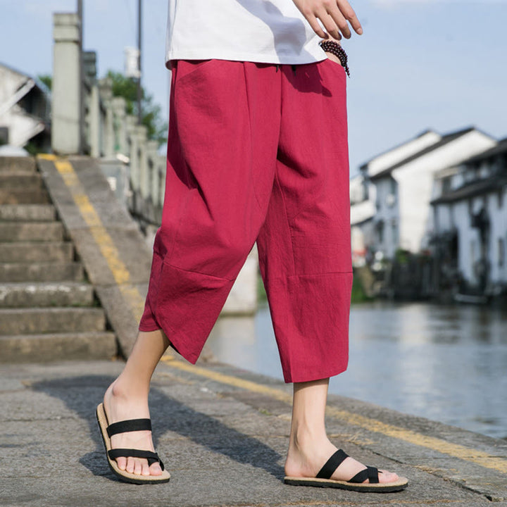 Buddha Stones Summer Casual Simple Plain Tapered Design Drawstring Men's  7-8 Length Cotton Linen Pants With Pockets - image 24