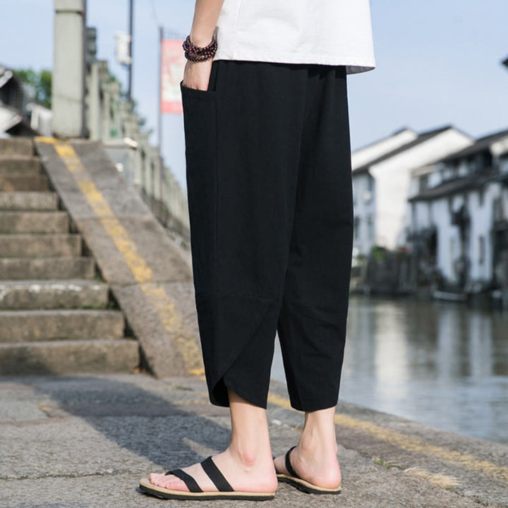 Buddha Stones Summer Casual Simple Plain Tapered Design Drawstring Men's  7-8 Length Cotton Linen Pants With Pockets - image 7