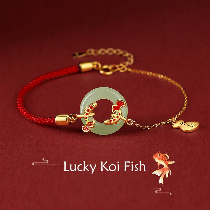 Buddha Stones 999 Sterling Silver Hetian White Jade Double Koi Fish Peace Buckle Lucky Charm Wealth Bracelet - Koi Fish(Luck♥Prosperity)(Wrist Circumference 14-16cm) - image 0