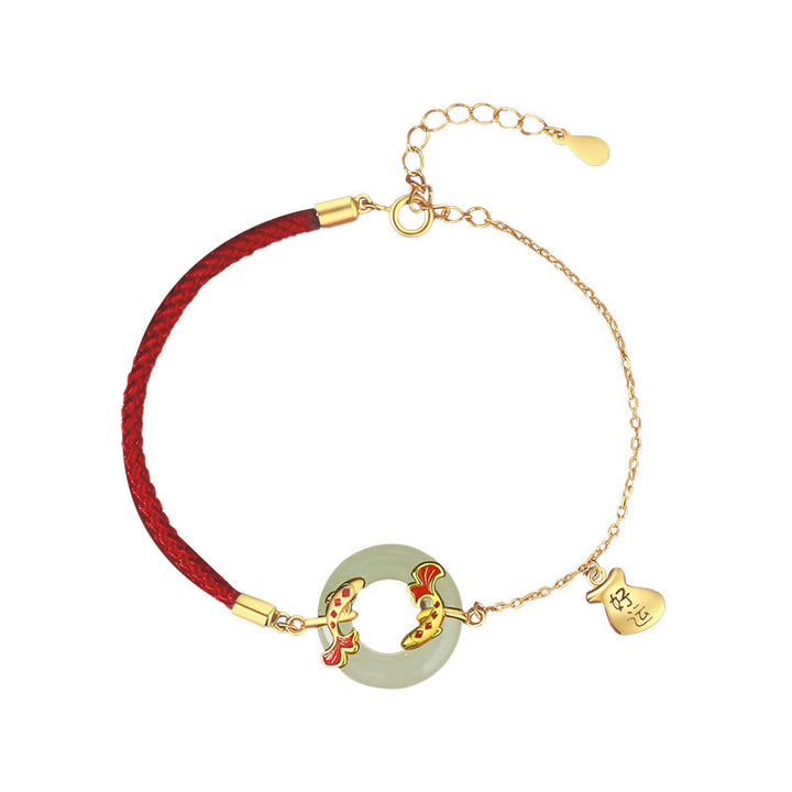 Buddha Stones 999 Sterling Silver Hetian White Jade Double Koi Fish Peace Buckle Lucky Charm Wealth Bracelet - image 7