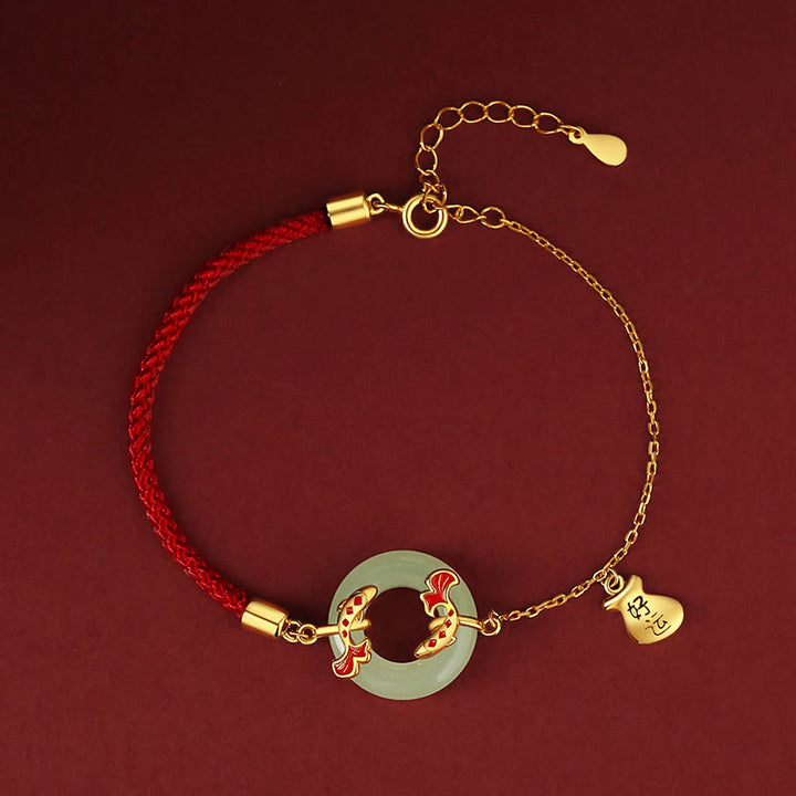 Buddha Stones 999 Sterling Silver Hetian White Jade Double Koi Fish Peace Buckle Lucky Charm Wealth Bracelet - image 1
