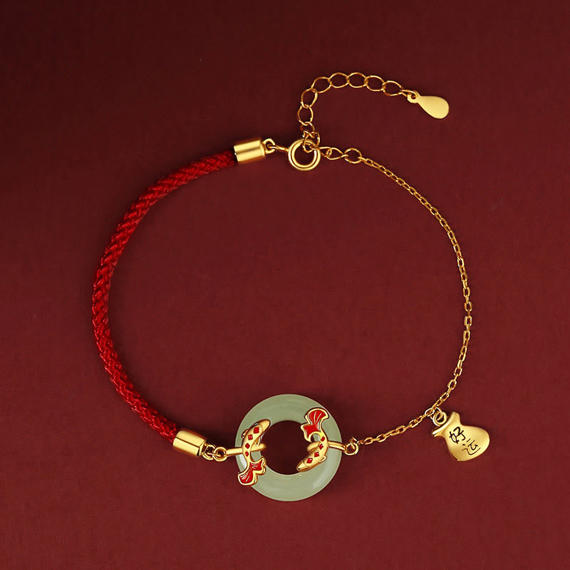 Buddha Stones 999 Sterling Silver Hetian White Jade Double Koi Fish Peace Buckle Lucky Charm Wealth Bracelet - image 1