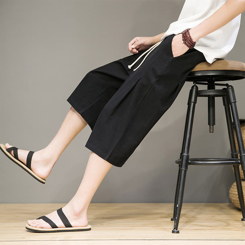 Buddha Stones Casual Summer Drawstring Solid Color Cropped Cotton Linen Men's Harem Pants With Pockets - Black - US/UK/AU46，EU56 (5XL) - image 13