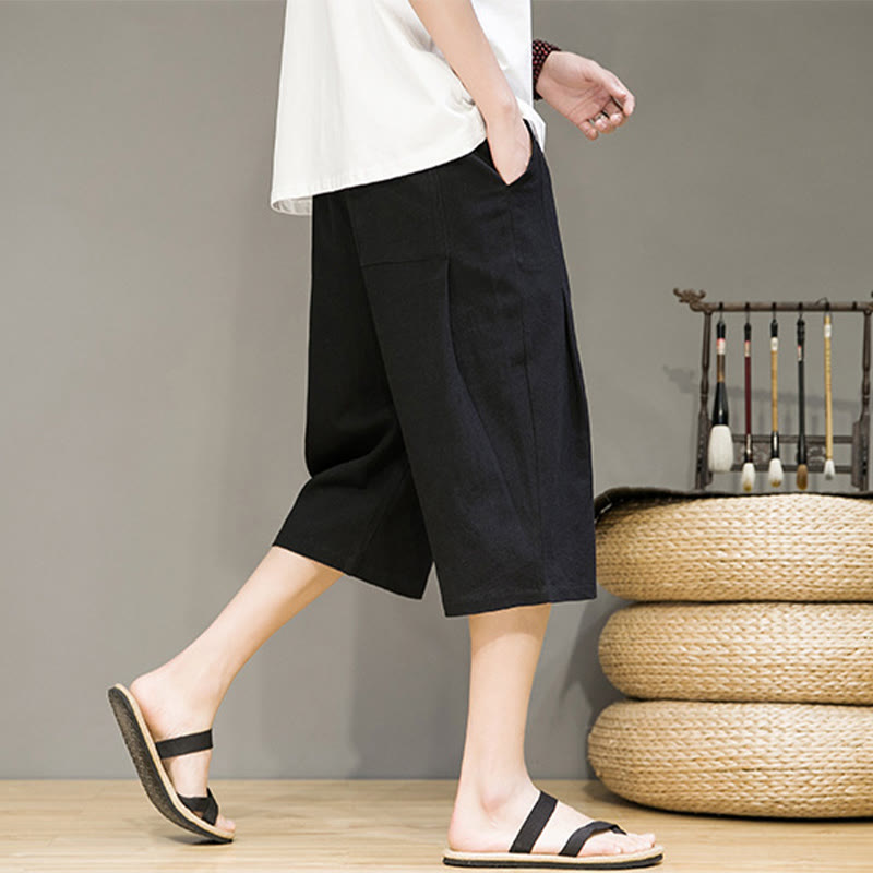 Buddha Stones Casual Summer Drawstring Solid Color Cropped Cotton Linen Men's Harem Pants With Pockets - image 16