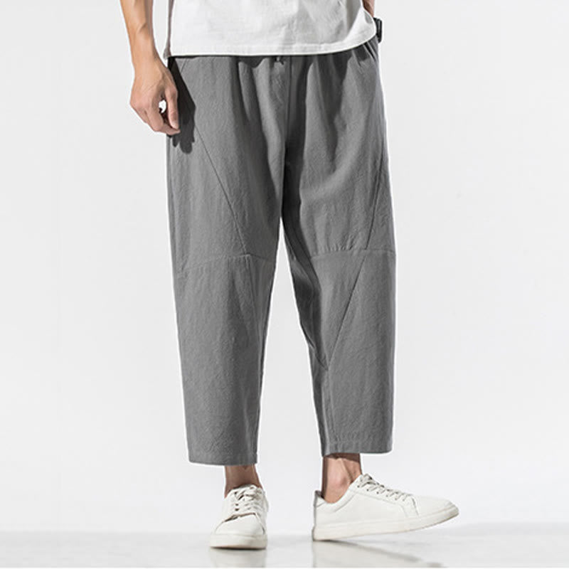 Buddha Stones Vintage Jacquard Solid Color Drawstring Cotton Linen Men's Harem Pants With Pockets - image 1