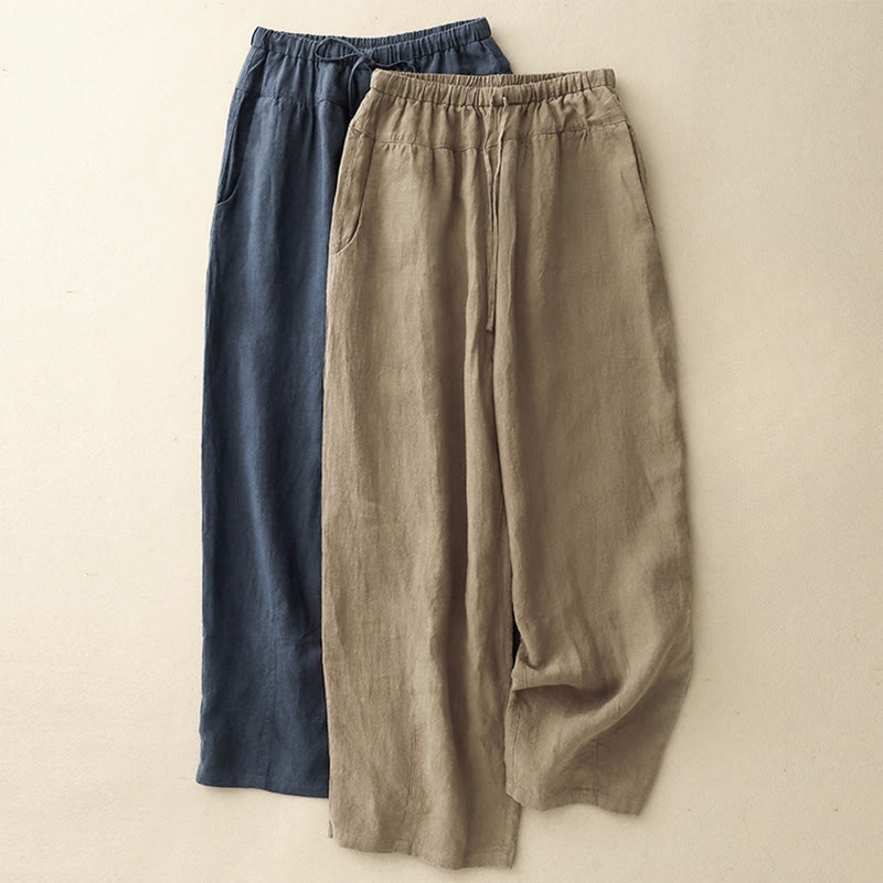 Buddha Stones Summer Plain Casual 7-8 Length Lace-up Women's Cotton Linen Harem Pants With Pockets - image 18