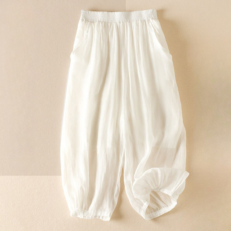 Buddha Stones Summer Plain Casual Cropped Pants Women's Double Layer Cotton Linen Harem Pants With Pockets - White - US8-10，UK/AU12-14，EU40-42 (2XL) - image 16