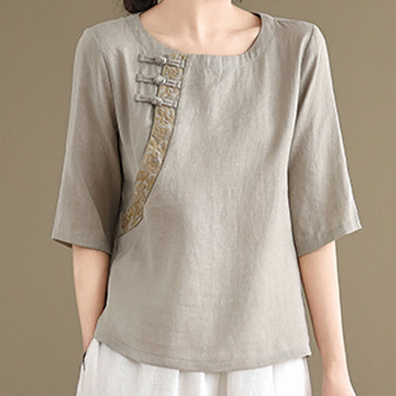 Buddha Stones Casual Women's Embroidered Flower Pattern Frog-Button Crew Neck Design Half Sleeve Cotton Linen Shirt - image 3