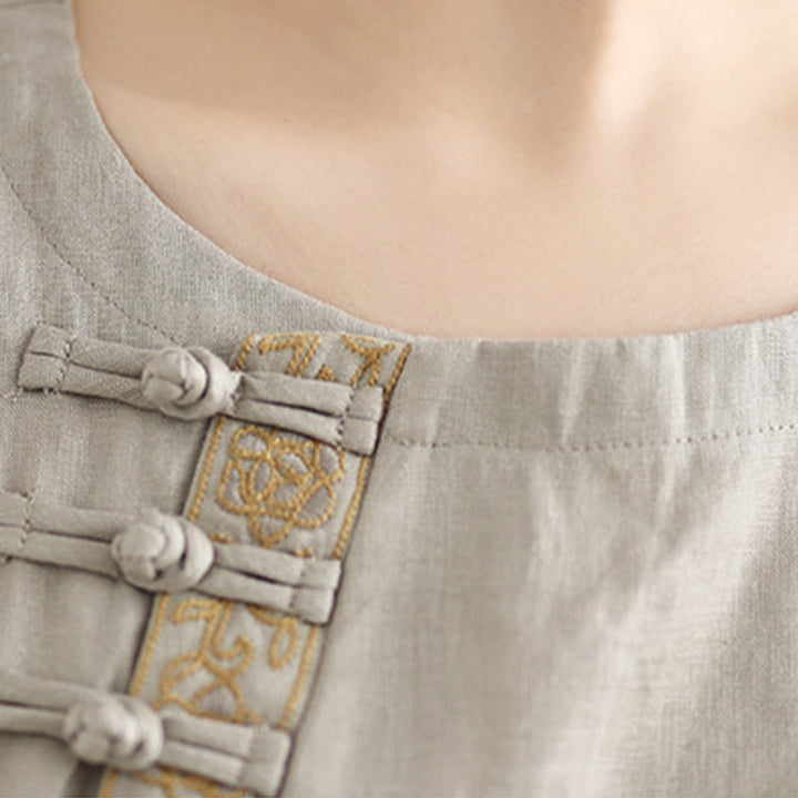 Buddha Stones Casual Women's Embroidered Flower Pattern Frog-Button Crew Neck Design Half Sleeve Cotton Linen Shirt - image 7