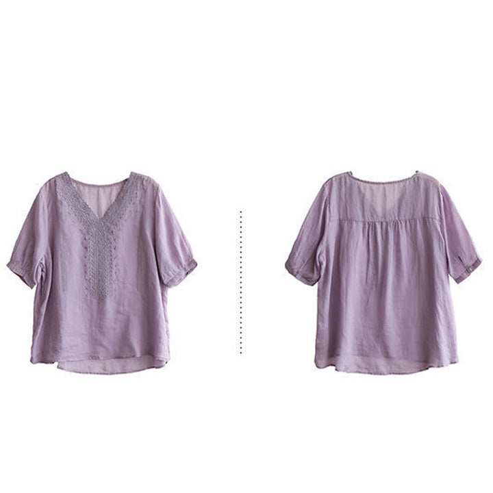 Buddha Stones Summer Casual Embroidered Pattern Women's V-Neck Design Half Sleeve Cotton Linen T-shirt - image 5