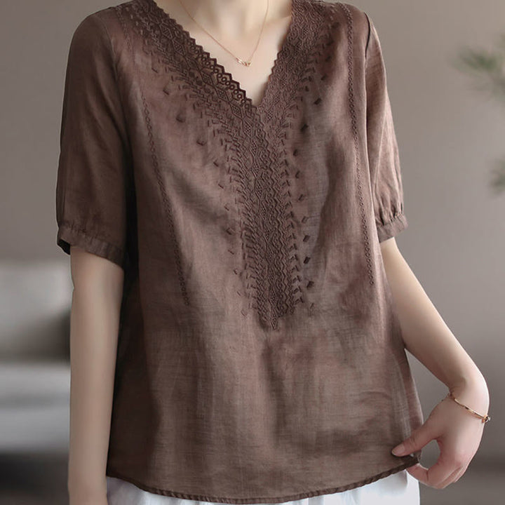 Buddha Stones Summer Casual Embroidered Pattern Women's V-Neck Design Half Sleeve Cotton Linen T-shirt - image 8