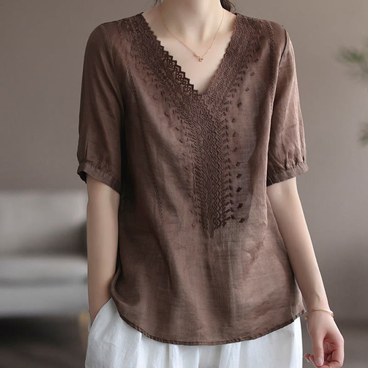 Buddha Stones Summer Casual Embroidered Pattern Women's V-Neck Design Half Sleeve Cotton Linen T-shirt - Sienna - US8-10，UK/AU12-14，EU40-42 (2XL) - image 6