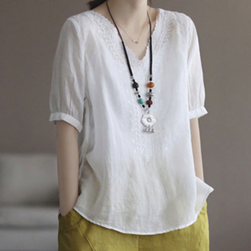 Buddha Stones Summer Casual Embroidered Pattern Women's V-Neck Design Half Sleeve Cotton Linen T-shirt - White - US8-10，UK/AU12-14，EU40-42 (2XL) - image 10