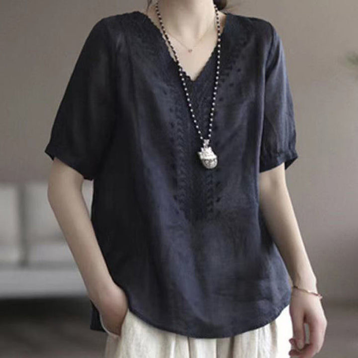 Buddha Stones Summer Casual Embroidered Pattern Women's V-Neck Design Half Sleeve Cotton Linen T-shirt - Black - US8-10，UK/AU12-14，EU40-42 (2XL) - image 12