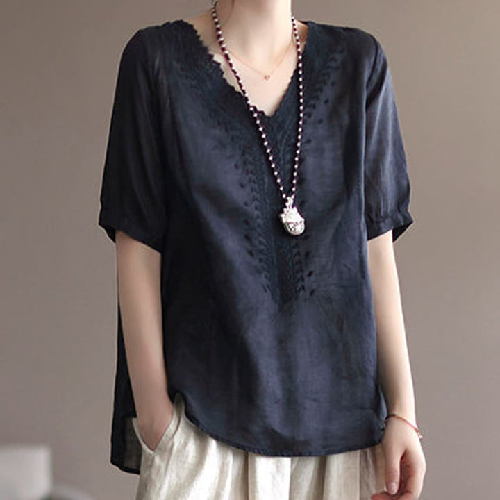 Buddha Stones Summer Casual Embroidered Pattern Women's V-Neck Design Half Sleeve Cotton Linen T-shirt - image 14