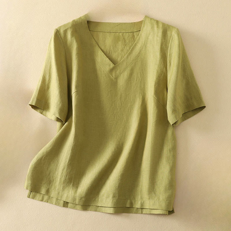 Buddha Stones Summer Casual Plain Women's V-neck Design Half Sleeve Cotton T-shirt - YellowGreen - US8-10，UK/AU12-14，EU40-42 (2XL) - image 0