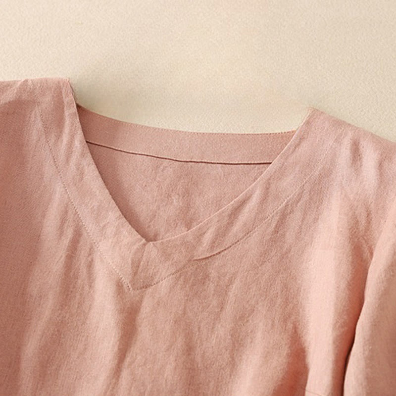 Buddha Stones Summer Casual Plain Women's V-neck Design Half Sleeve Cotton T-shirt - image 6