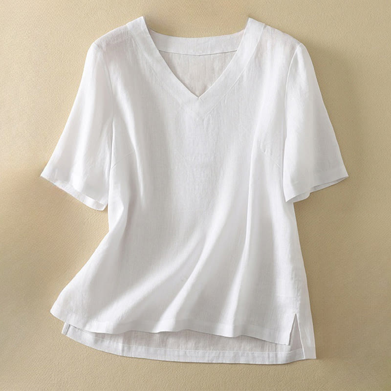Buddha Stones Summer Casual Plain Women's V-neck Design Half Sleeve Cotton T-shirt - White - US8-10，UK/AU12-14，EU40-42 (2XL) - image 10