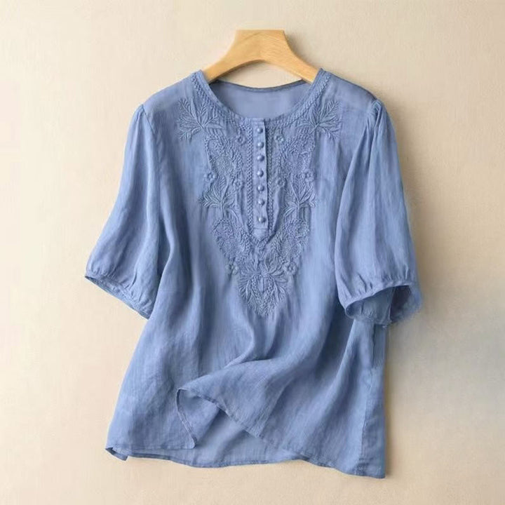 Buddha Stones Casual Women's Embroidered Flower Pattern Crew Neck Design Half Sleeve Cotton Linen Shirt - CornflowerBlue - US8-10，UK/AU12-14，EU40-42 (2XL) - image 17