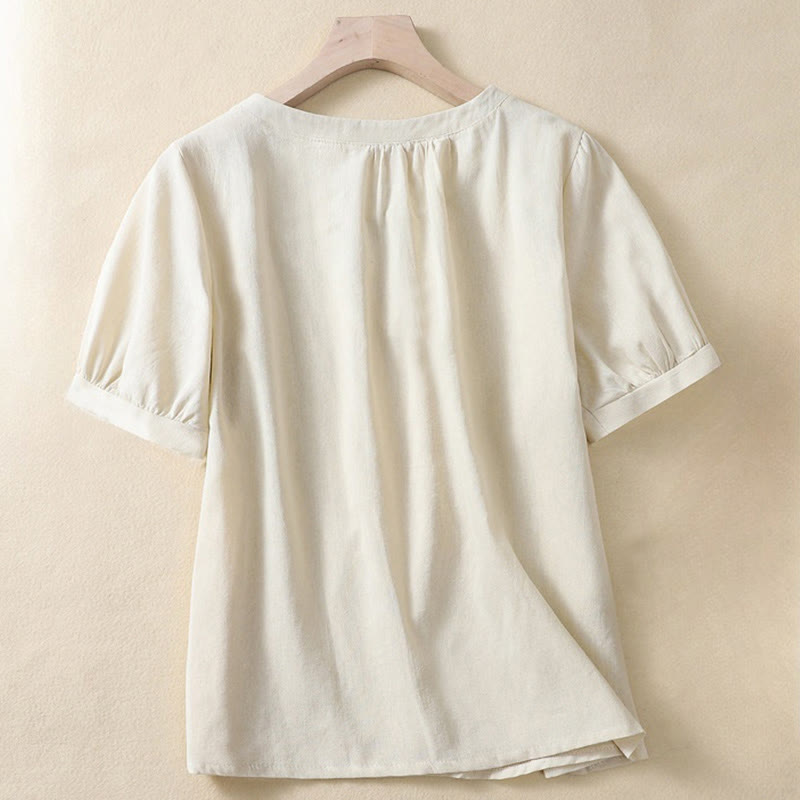 Buddha Stones Casual Women's Plain Crew Neck Button Design Half Sleeve Cotton Linen Shirt - image 1