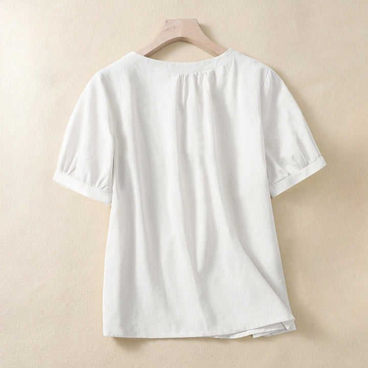 Buddha Stones Casual Women's Plain Crew Neck Button Design Half Sleeve Linen Shirt - image 3