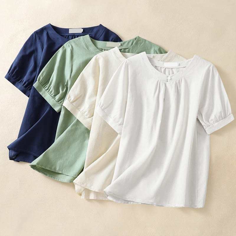 Buddha Stones Casual Women's Plain Crew Neck Button Design Half Sleeve Cotton Linen Shirt - image 10