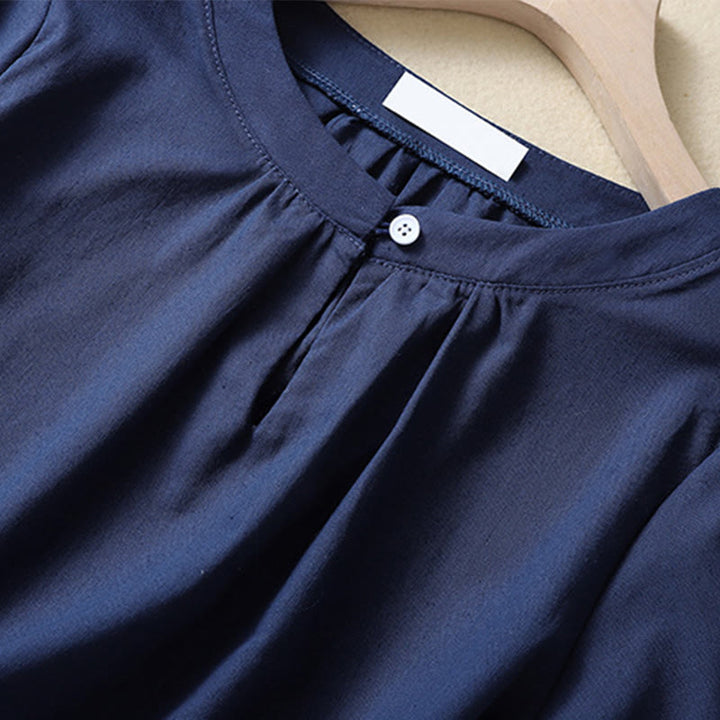 Buddha Stones Casual Women's Plain Crew Neck Button Design Half Sleeve Linen Shirt - image 8