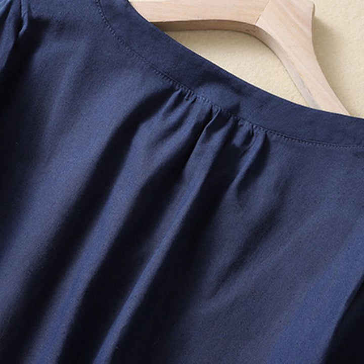 Buddha Stones Casual Women's Plain Crew Neck Button Design Half Sleeve Cotton Linen Shirt - image 9