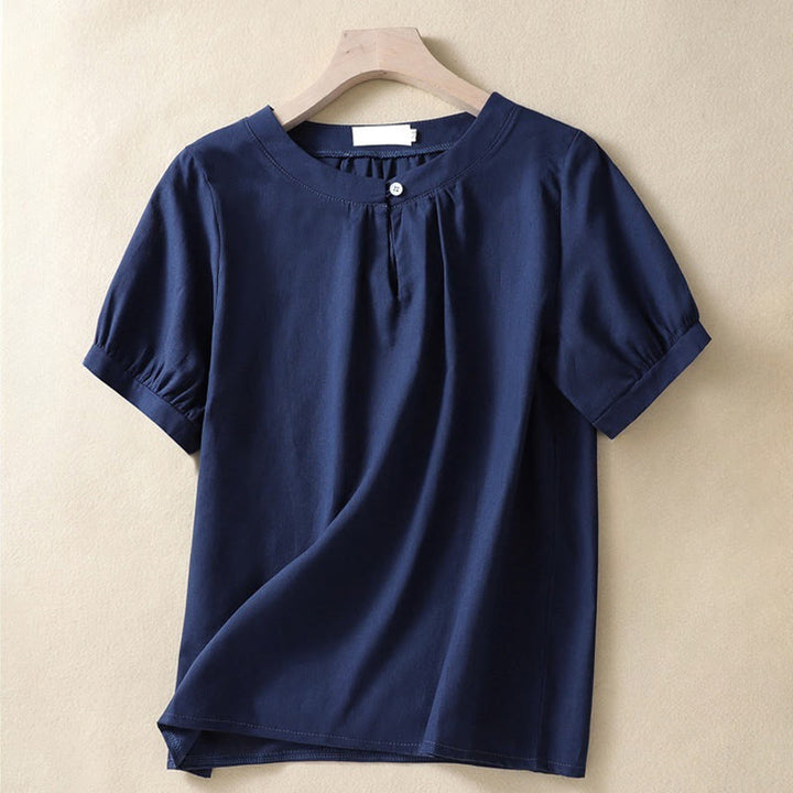 Buddha Stones Casual Women's Plain Crew Neck Button Design Half Sleeve Cotton Linen Shirt - Navy - US8-10，UK/AU12-14，EU40-42 (2XL) - image 6