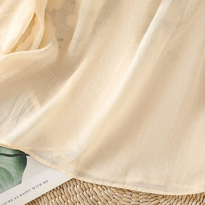 Buddha Stones Casual Women's Flowers Green Leaves Embroidery Pattern V-Neck Design Half Sleeve Cotton Linen Shirt - image 12