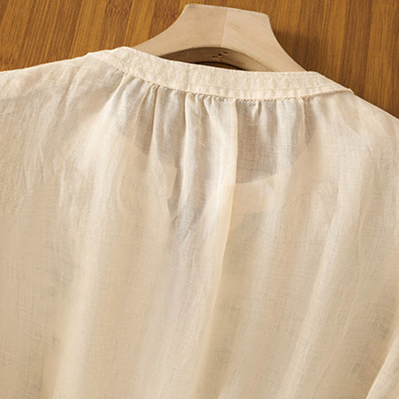 Buddha Stones Casual Women's Flowers Green Leaves Embroidery Pattern V-Neck Design Half Sleeve Cotton Linen Shirt - image 14