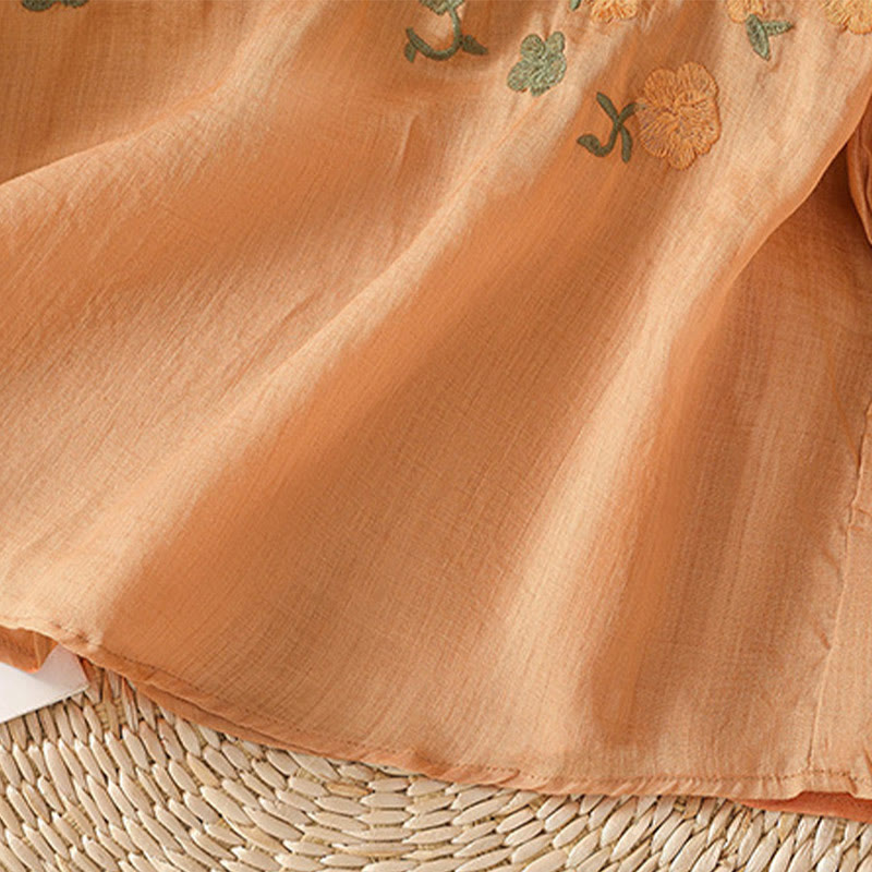 Buddha Stones Casual Women's Flowers Green Leaves Embroidery Pattern V-Neck Design Half Sleeve Cotton Linen Shirt - image 19