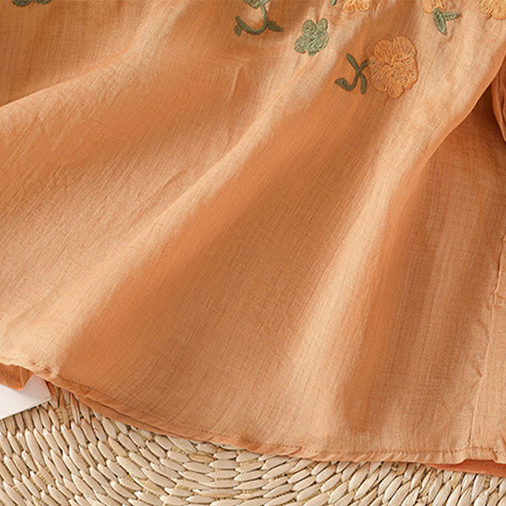 Buddha Stones Casual Women's Flowers Green Leaves Embroidery Pattern V-Neck Design Half Sleeve Cotton Linen Shirt - image 19