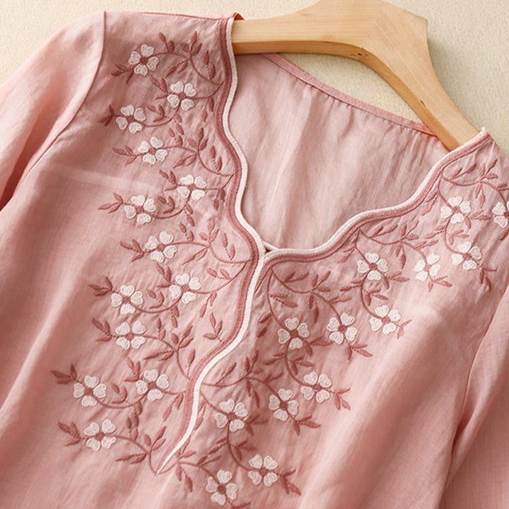 Buddha Stones Summer Casual Embroidered Flowers Women's V-neck Design Half Sleeve Acrylic T-shirt - image 7