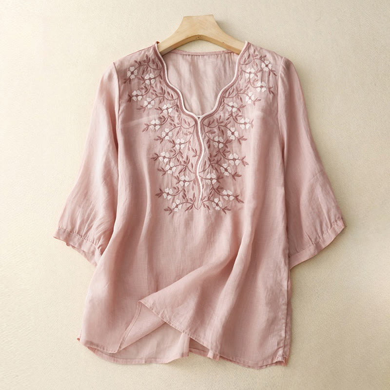 Buddha Stones Summer Casual Embroidered Flowers Women's V-neck Design Half Sleeve Acrylic T-shirt - Pink - US8-10，UK/AU12-14，EU40-42 (2XL) - image 6