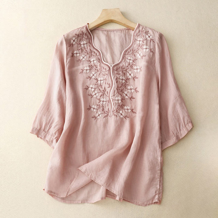 Buddha Stones Summer Casual Embroidered Flowers Women's V-neck Design Half Sleeve Acrylic T-shirt