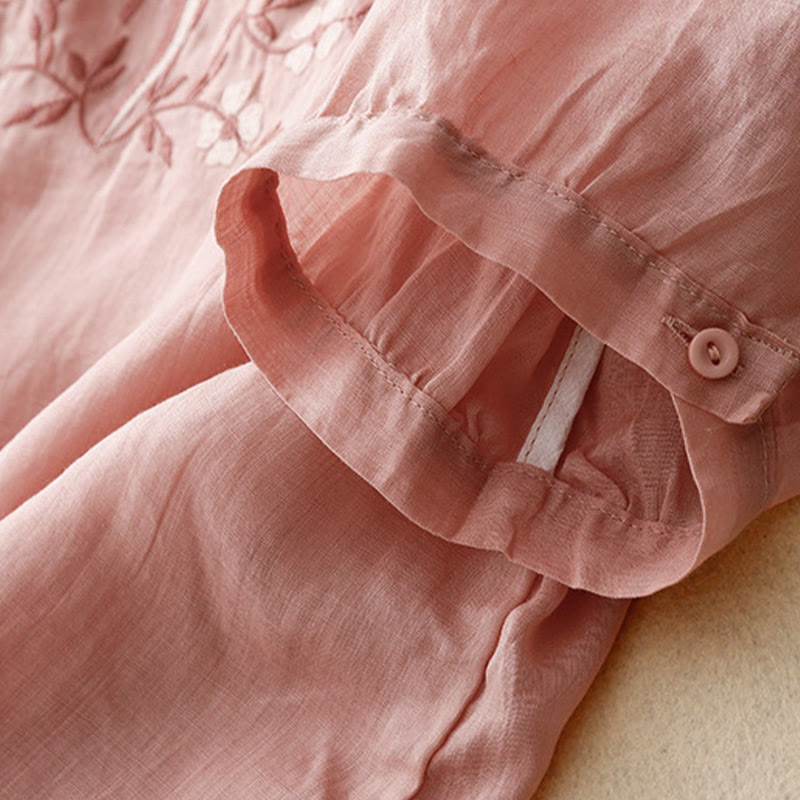 Buddha Stones Summer Casual Embroidered Flowers Women's V-neck Design Half Sleeve Acrylic T-shirt - image 9