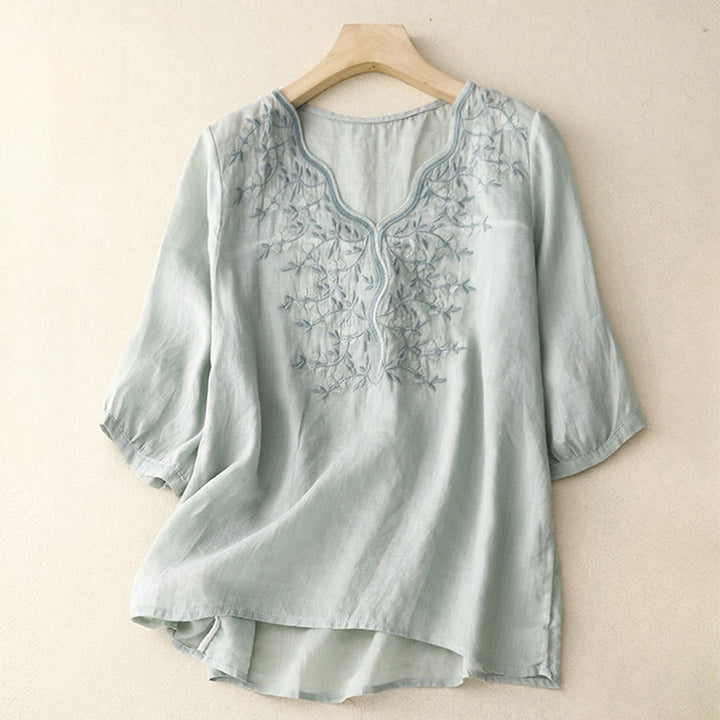 Buddha Stones Summer Casual Embroidered Flowers Women's V-neck Design Half Sleeve Acrylic T-shirt