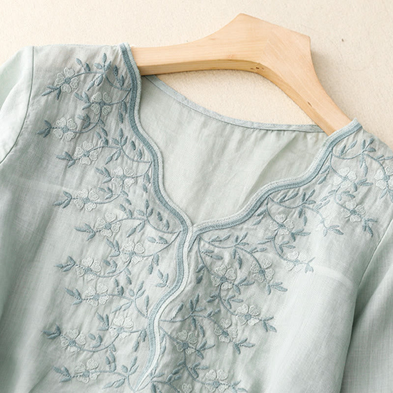 Buddha Stones Summer Casual Embroidered Flowers Women's V-neck Design Half Sleeve Acrylic T-shirt - image 13