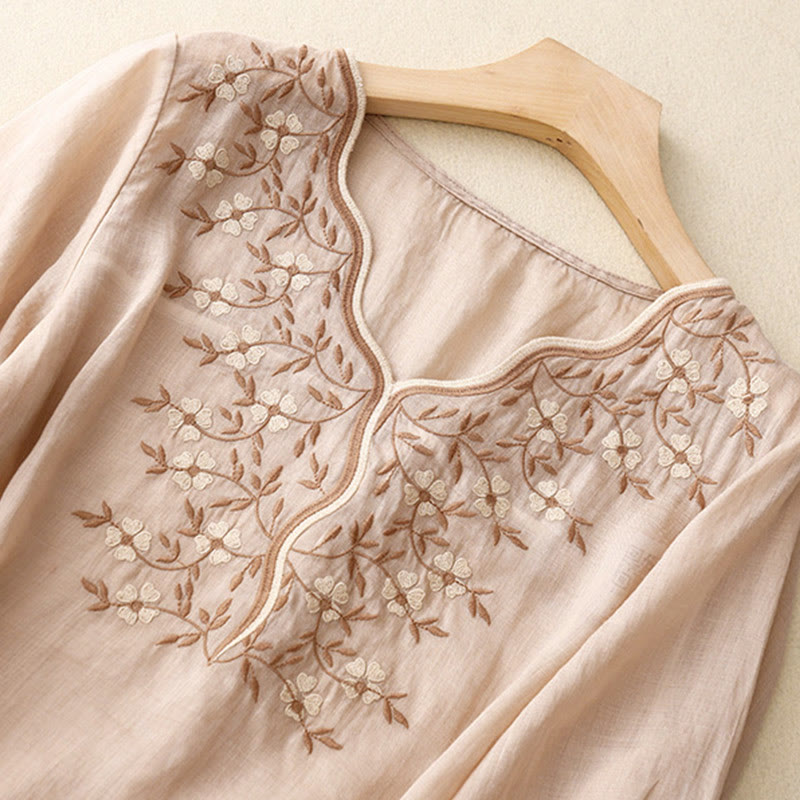Buddha Stones Summer Casual Embroidered Flowers Women's V-neck Design Half Sleeve Acrylic T-shirt - image 19